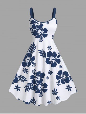 Plus Size Tropical Leaf Hibiscus Flower Print Hawaii A Line Tank Dress - WHITE - XXS