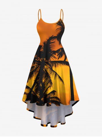 Plus Size Coconut Tree Ombre Print High Low Hawaii Cami Dress - DARK ORANGE - XXS