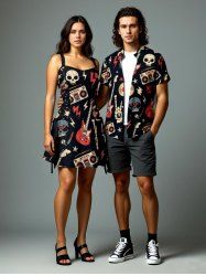 Halloween Skull Guitar Radio Print Rock and Roll Matching Outfit For Couples -  