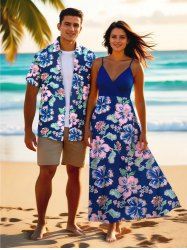 Hibiscus Flower Leaf Print Plus Size Matching Hawaii Beach Outfit For Couples -  