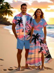 Coconut Tree Seascape Ombre Sky Cloud Print Plus Size Matching Hawaii Beach Outfit For Couples -  