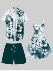 Tenue de plage hawaïenne assortie grande taille avec imprimé de branches de fleurs et éclaboussures de peinture à l'encre pour couples - Vert 