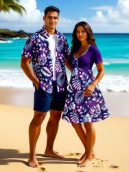 Tenue de plage hawaïenne assortie grande taille à imprimé feuilles tropicales et fleurs d'hibiscus pour couples - Pourpre  