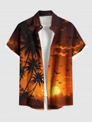 Plus Size Coconut Tree Ombre Dusk Sunset Print Hawaii Button Pocket Shirt For Men -  