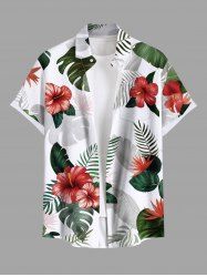 Chemise hawaïenne grande taille à imprimé feuilles tropicales et fleurs d'hibiscus ombré avec poches boutonnées pour homme - Blanc 5XL