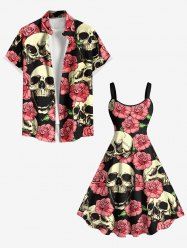 Skulls Rose Flowers Print Plus Size Matching Hawaii Beach Outfit For Couples -  