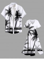 Tenue de plage hawaïenne assortie grande taille avec imprimé paysage marin et banc de cocotiers pour couples - Blanc 