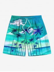 Short de plage hawaïen grande taille à imprimé cocotiers, nuages et paysage marin pour homme - Vert L