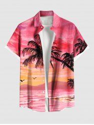 Chemise hawaïenne grande taille à imprimé ombré, cocotier, paysage marin, montagne, nuage, boutons et poches pour homme - Rouge S