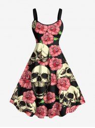 Robe débardeur hawaïenne grande taille à imprimé tête de mort, roses et fleurs - Noir L