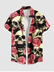 Chemise hawaïenne grande taille à boutons et poches pour homme, imprimé tête de mort, roses et fleurs - Noir XL