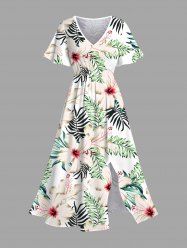 Plus Size Hibiscus Flower Tropical Leaf Print Split Hawaii Midi Dress - Blanc 2X