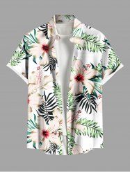 Plus Size Hibiscus Flower Tropical Leaf Print Buttons Pocket Hawaii Shirt For Men -  