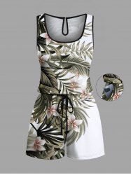 Plus Size Tropical Leaf Hibiscus Flowers Print Cinched Hawaii Romper -  