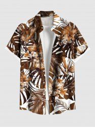 Plus Size Tropical Leaf Hibiscus Flowers Print Buttons Pocket Hawaii Shirt For Men -  