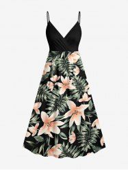 Plus Size Flowers Tropical Leaf Print Surplice Hawaii Cami Dress -  