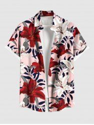 Plus Size Tropical Leaf Hibiscus Flower Print Hawaii Button Pocket Shirt For Men -  