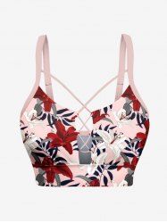 Tropical Leaf Hibiscus Flower Print Hawaii Lace Up Tankini Top(Adjustable Shoulder Strap) -  
