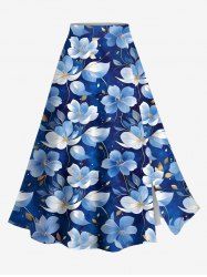 Jupe hawaïenne fendue à imprimé fleurs et feuilles grande taille - Bleu M