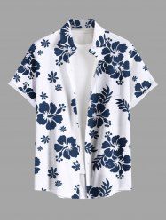 Plus Size Tropical Leaf Hibiscus Flower Print Hawaii Button Pocket Shirt For Men -  