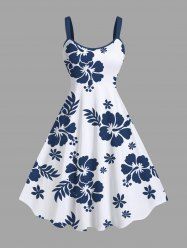 Plus Size Tropical Leaf Hibiscus Flower Print Hawaii A Line Tank Dress -  
