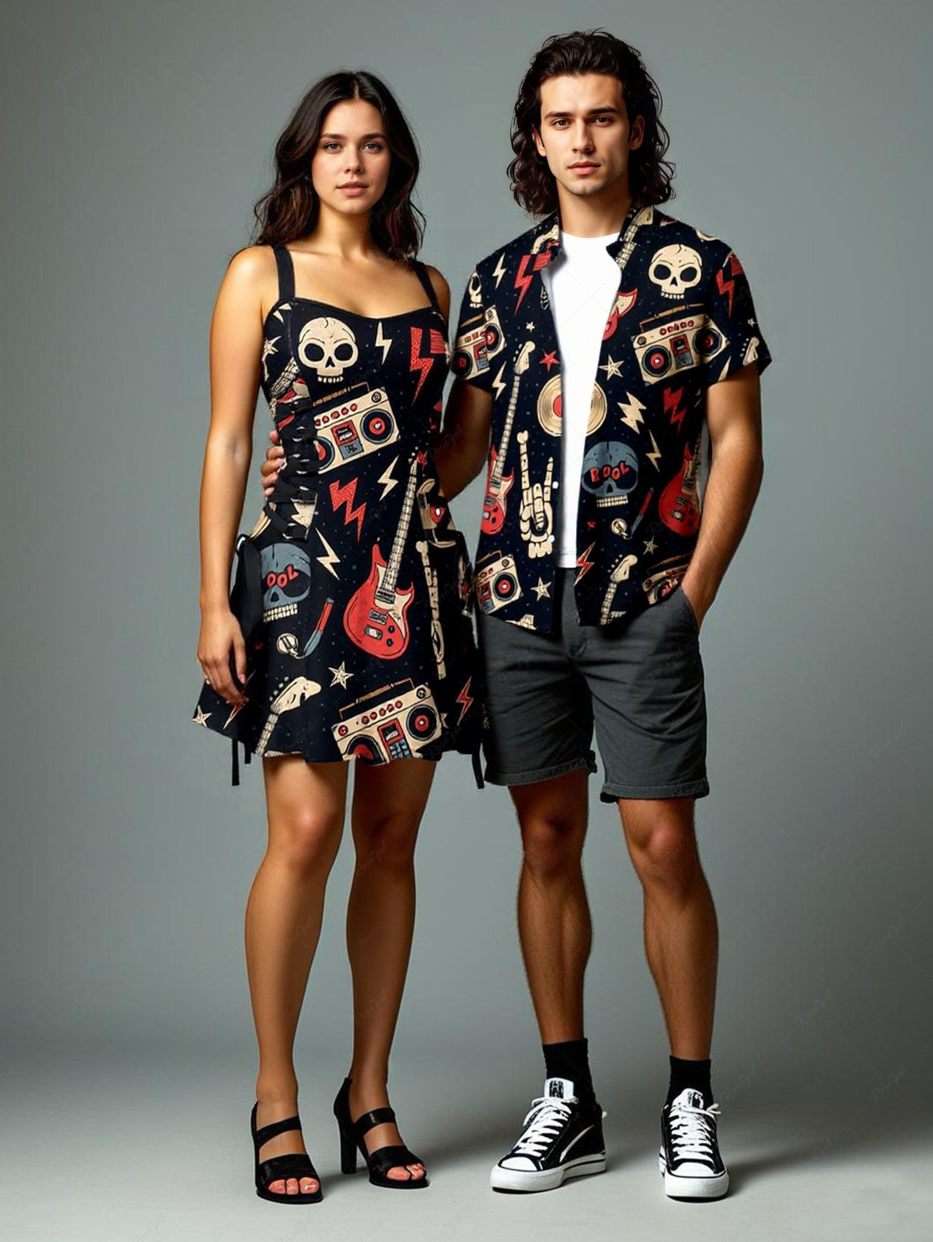 Buy Halloween Skull Guitar Radio Print Rock and Roll Matching Outfit For Couples  