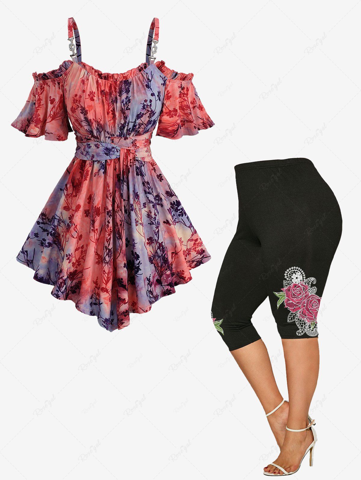 Hot Tie Dye Print Flowers Flocking Cold Shoulder T-shirt and Rose Printed High Waist Capri Leggings Plus Size Outfit  