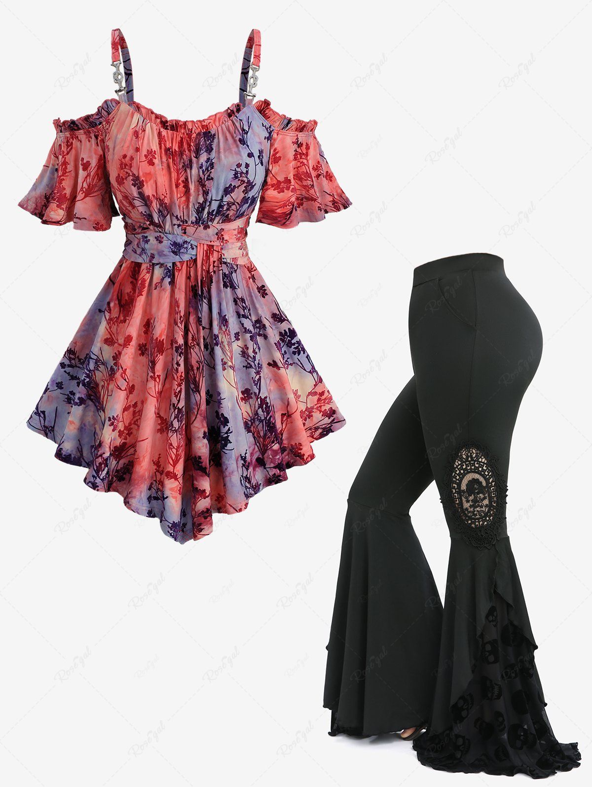 Shop Tie Dye Print Flocking Cold Shoulder T-shirt and Skull Floral Appliques Flare Pants Plus Size Outfit  
