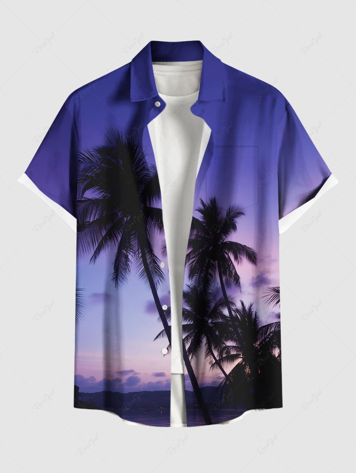 New Plus Size Coconut Tree Ombre Galaxy Print Hawaii Button Pocket Shirt For Men  
