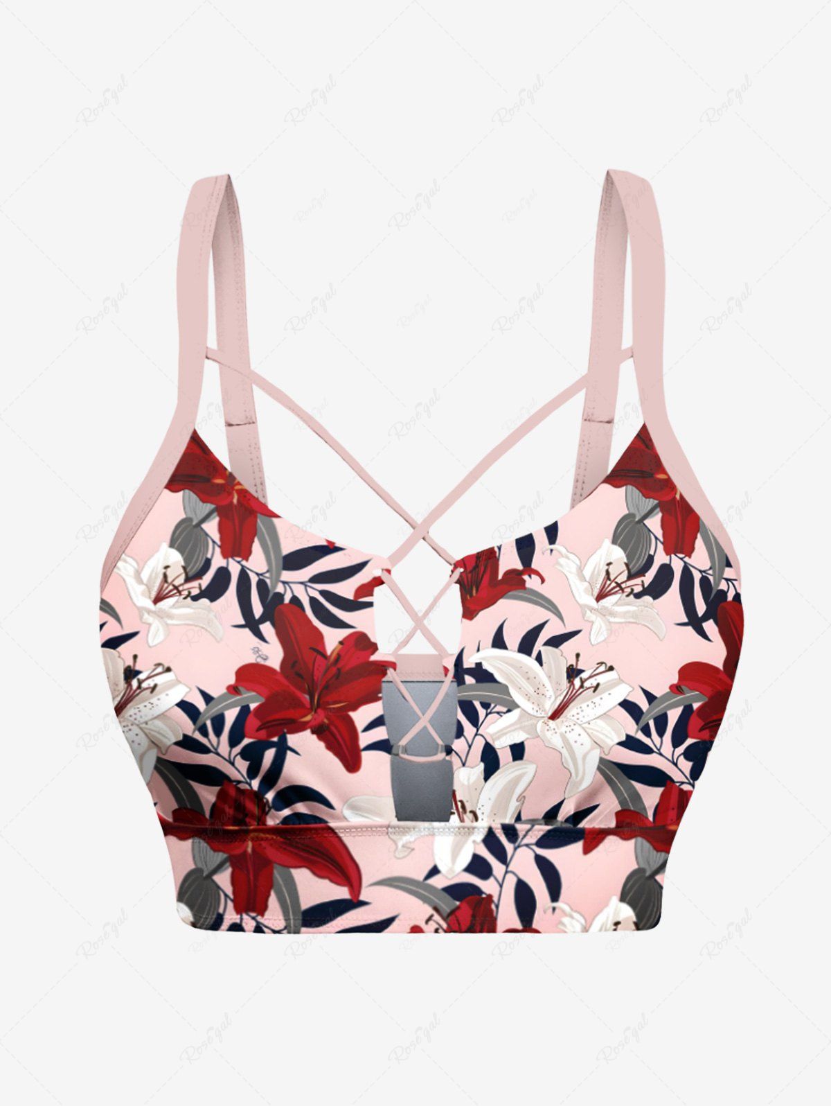Buy Tropical Leaf Hibiscus Flower Print Hawaii Lace Up Tankini Top(Adjustable Shoulder Strap)  