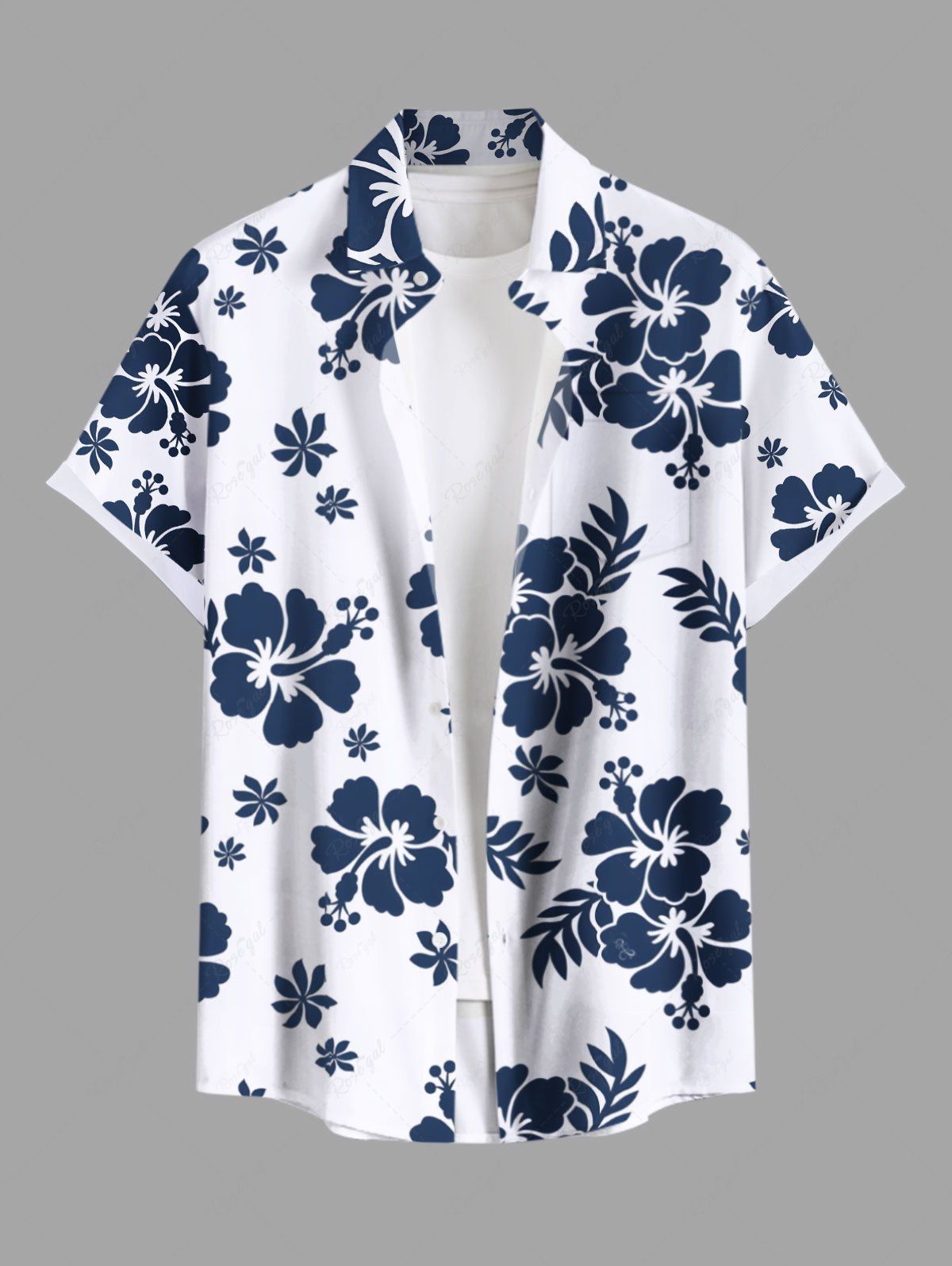 Chemise hawaïenne grande taille à imprimé feuilles tropicales et fleurs d'hibiscus pour homme Blanc 6XL