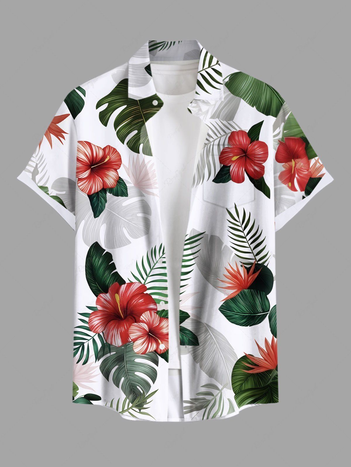 Chemise hawaïenne grande taille à imprimé feuilles tropicales et fleurs d'hibiscus ombré avec poches boutonnées pour homme Blanc M