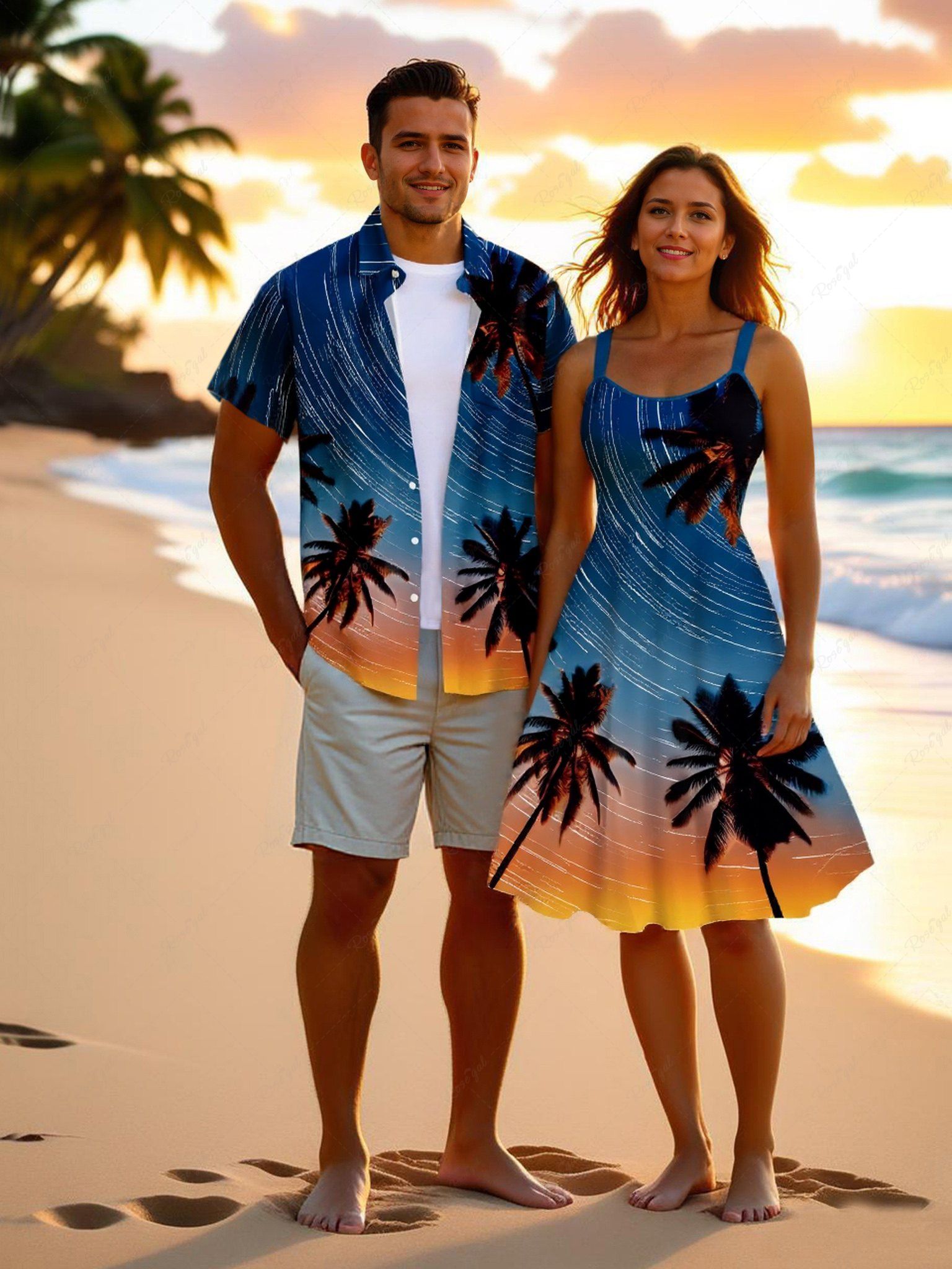 Tenue de plage hawaïenne assortie grande taille à imprimé pluie de météores et cocotiers, pour couples Bleu 