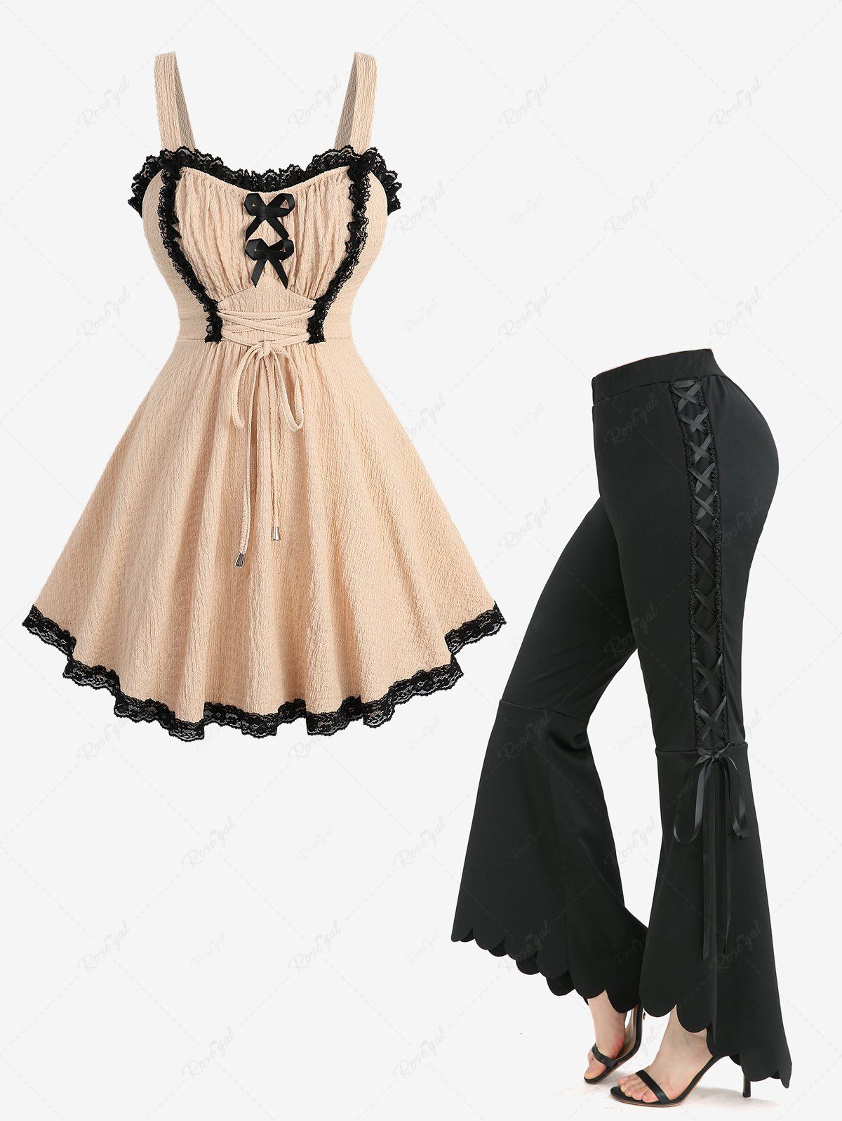 Hot Textured Two Tone Top and Lace Up Scalloped Hem High Low Asymmetric Flare Pants Plus Size Outfit  