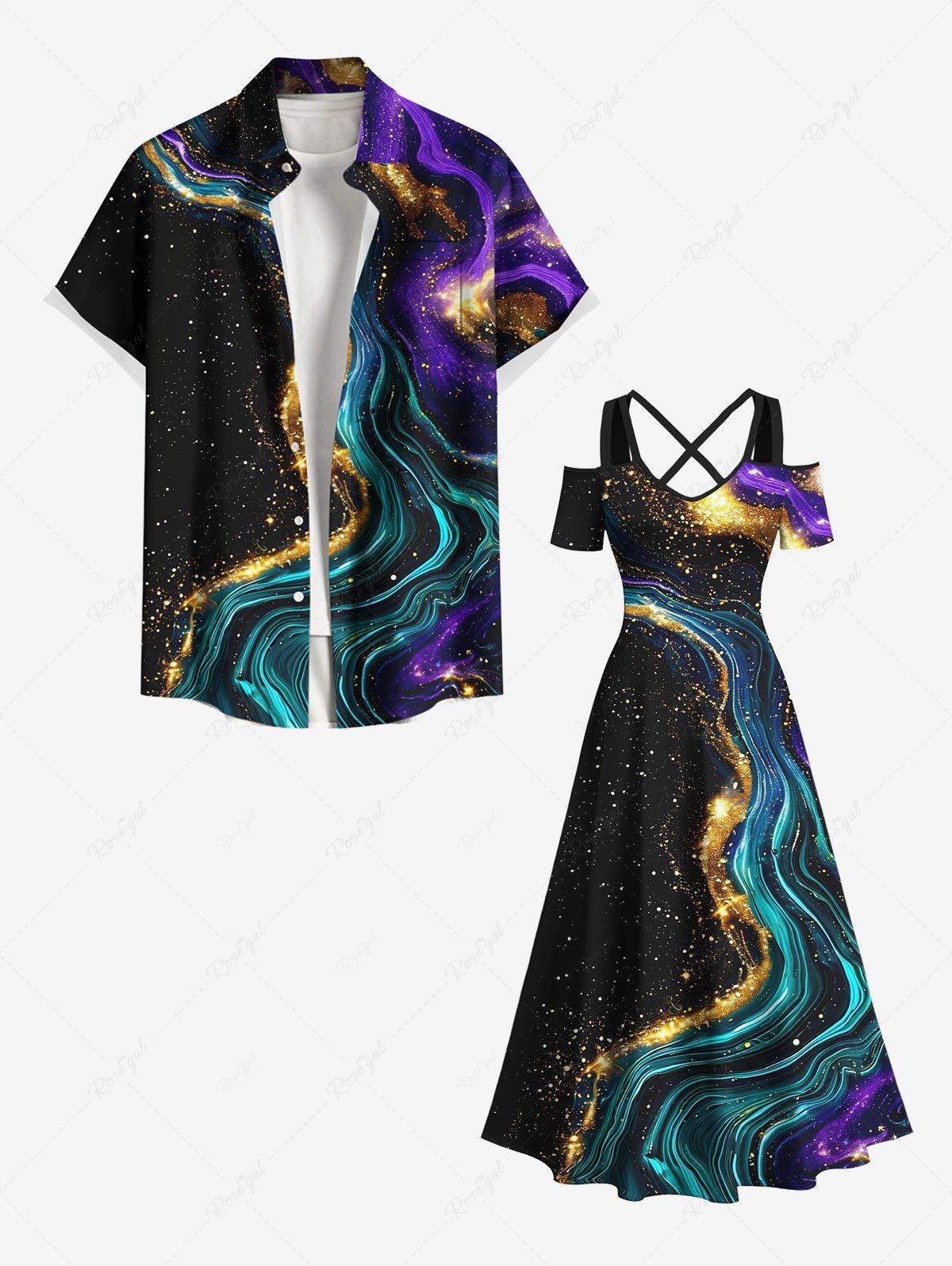 Shops Glitter River Galaxy Print Plus Size Matching Hawaii Beach Outfit For Couples  