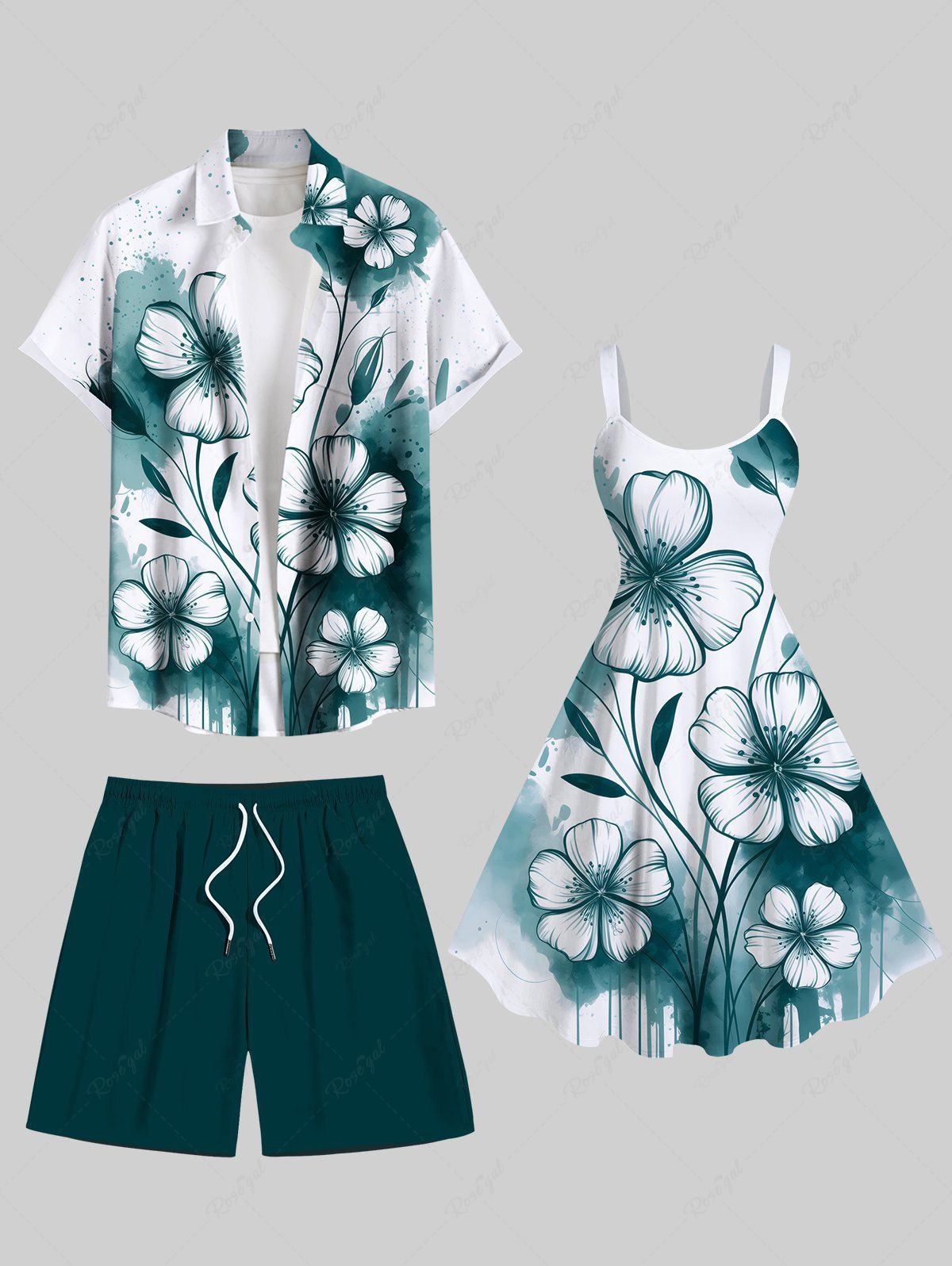 Tenue de plage hawaïenne assortie grande taille avec imprimé de branches de fleurs et éclaboussures de peinture à l'encre pour couples Vert 