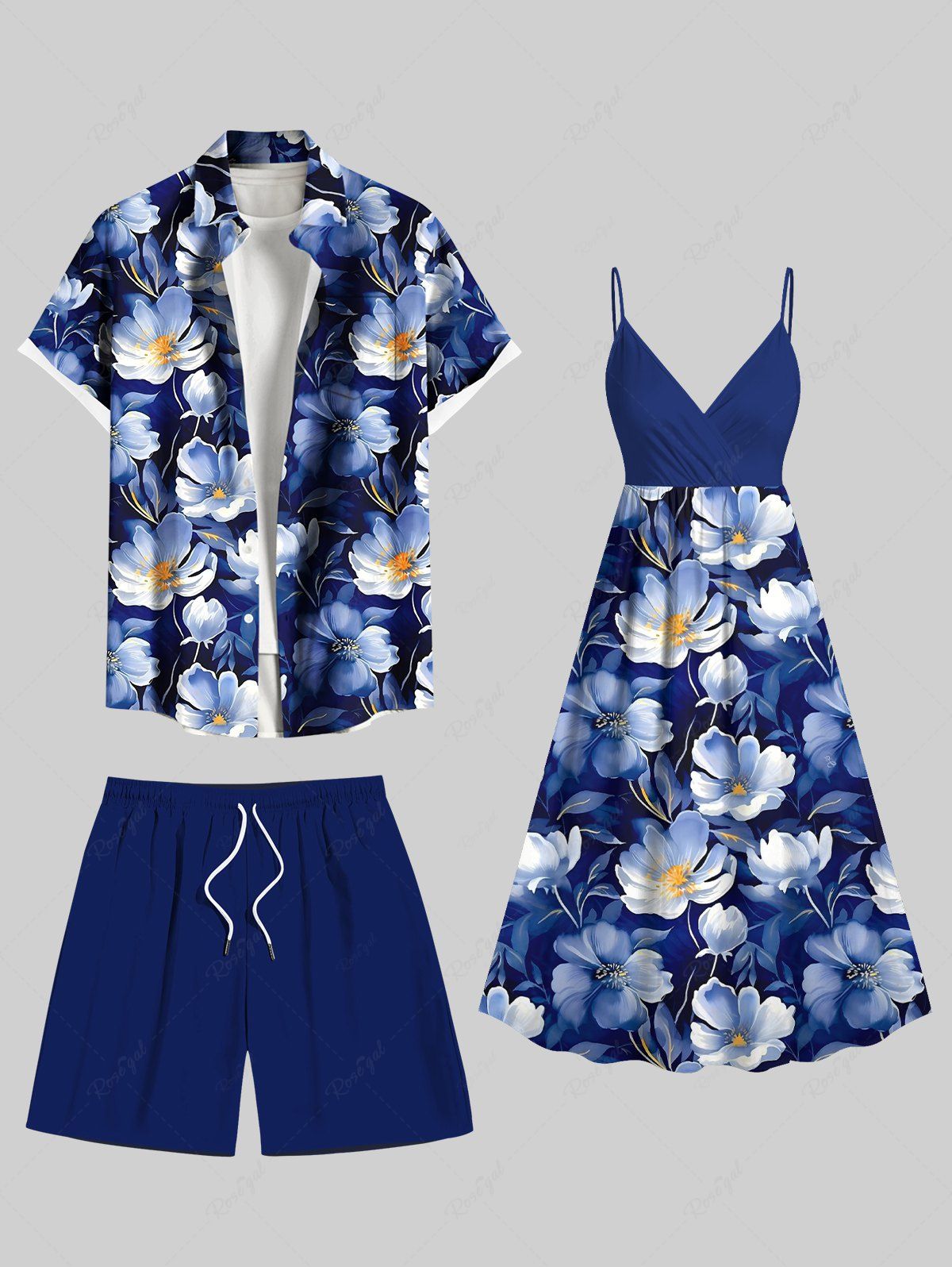 Hot Flowers Print Plus Size Matching Hawaii Beach Outfit For Couples  
