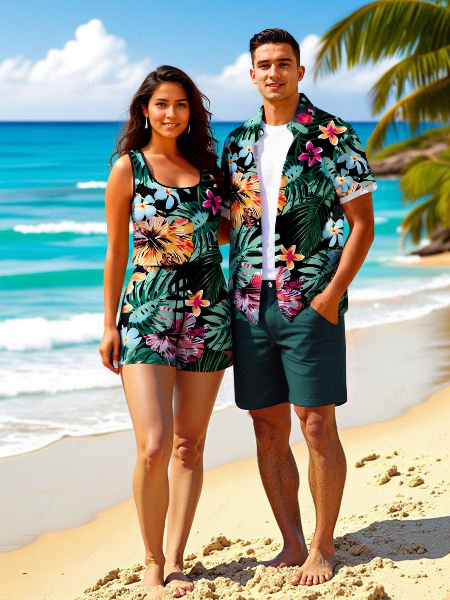 Ensemble chemise et barboteuse hawaïennes assorties, grande taille, tenue de plage, imprimé feuilles tropicales, fleurs d'hibiscus, pour couples Vert 