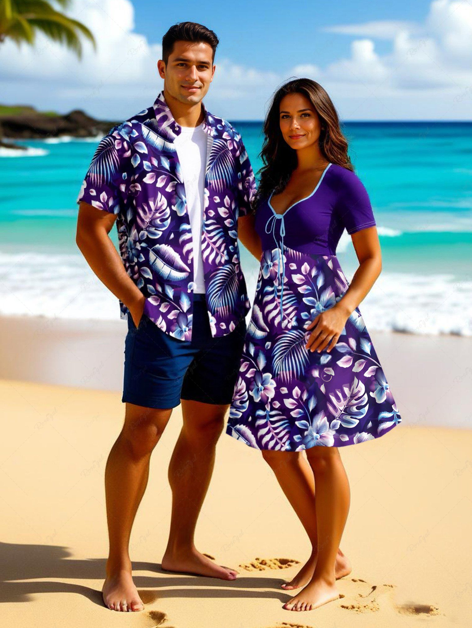 Tenue de plage hawaïenne assortie grande taille à imprimé feuilles tropicales et fleurs d'hibiscus pour couples Pourpre  
