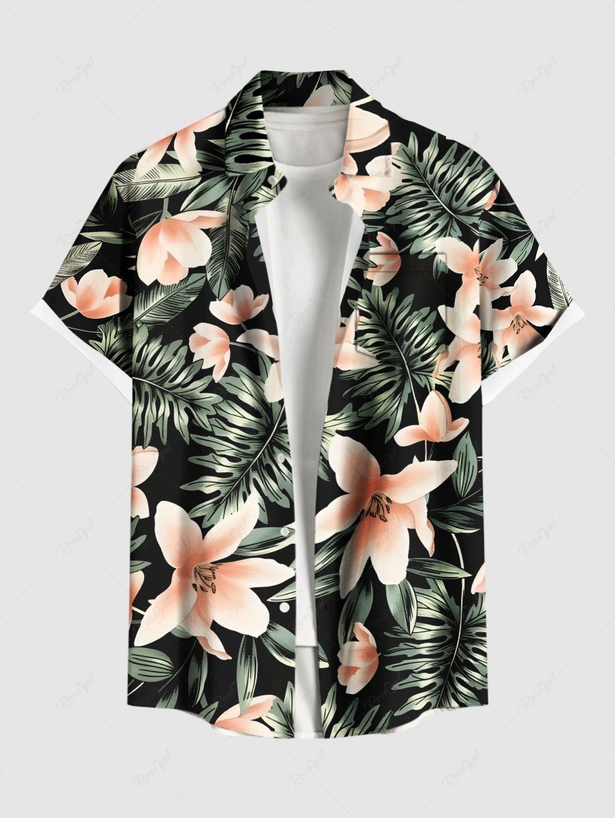 Outfit Plus Size Flowers Tropical Leaf Print Buttons Pocket Hawaii Shirt For Men  