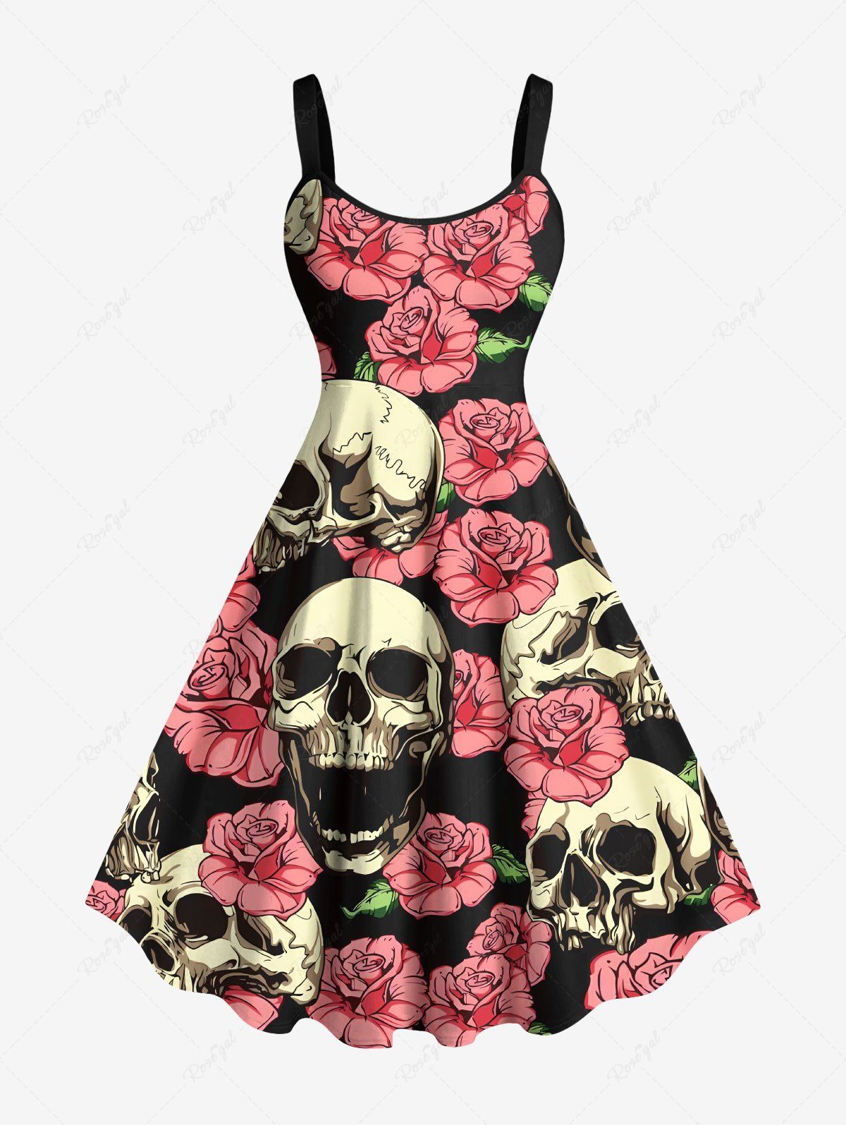 Robe débardeur hawaïenne grande taille à imprimé tête de mort, roses et fleurs Noir 6X