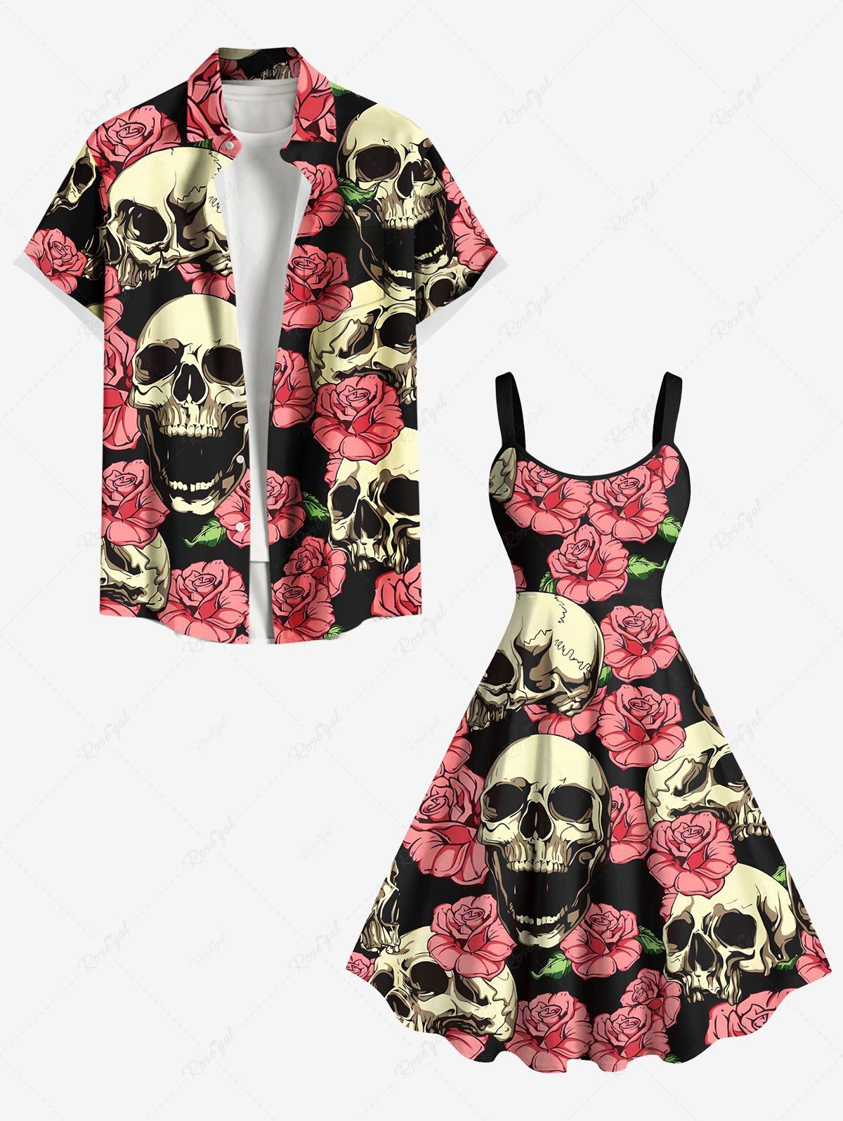 Affordable Skulls Rose Flowers Print Plus Size Matching Hawaii Beach Outfit For Couples  