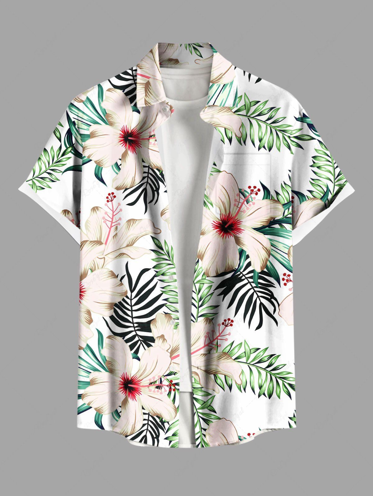 Online Plus Size Hibiscus Flower Tropical Leaf Print Buttons Pocket Hawaii Shirt For Men  