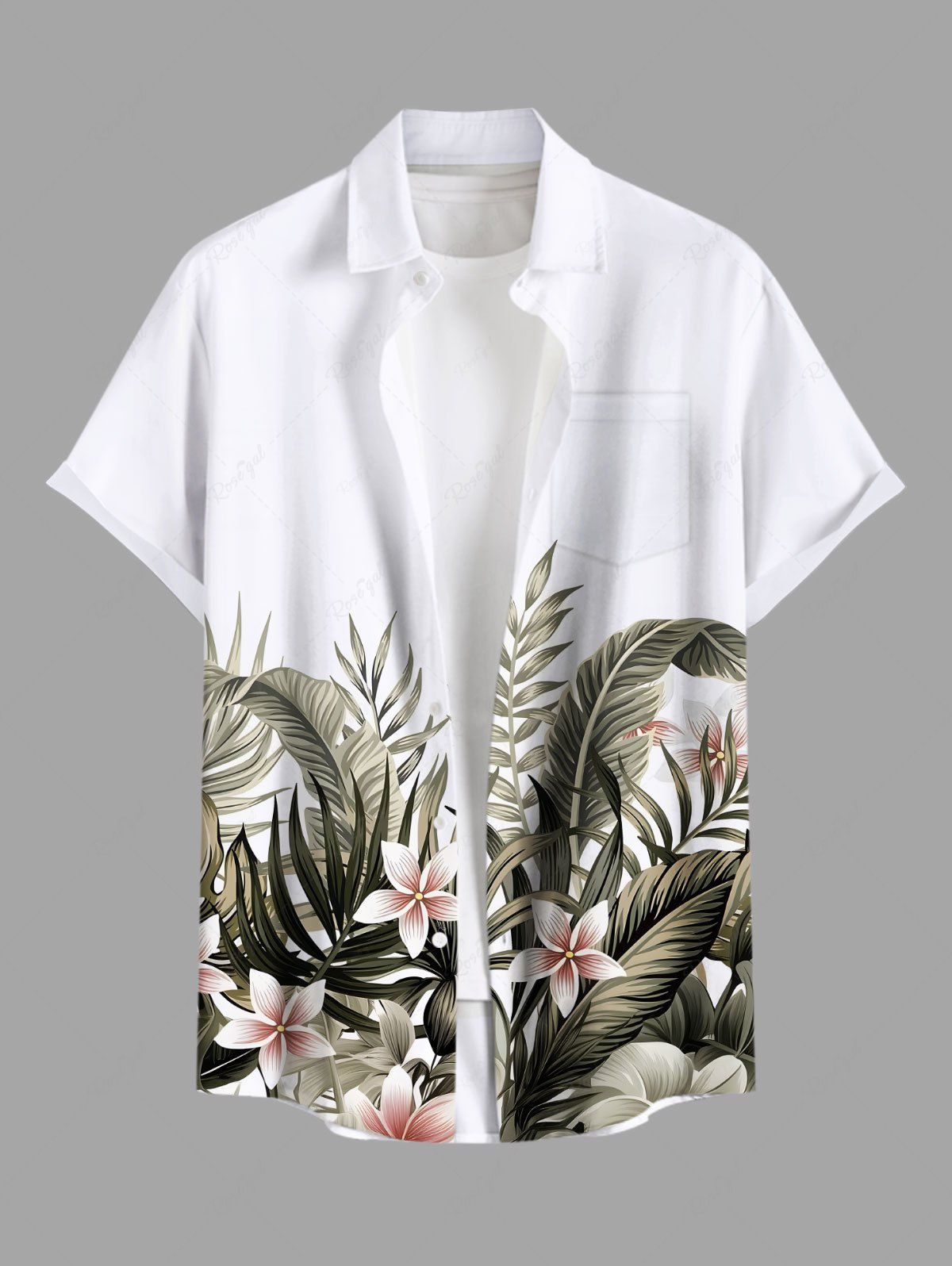 Chemise hawaïenne grande taille à imprimé feuilles tropicales et fleurs d'hibiscus, avec poches et boutons, pour homme Blanc XL
