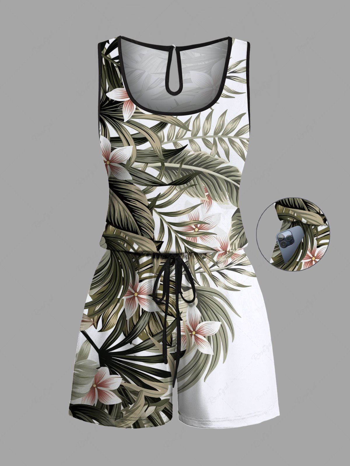 Combinaison hawaïenne cintrée grande taille à imprimé feuilles tropicales et fleurs d'hibiscus Blanc 6X