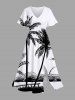 Tenue de plage hawaïenne assortie grande taille avec imprimé paysage marin et banc de cocotiers pour couples - Blanc 