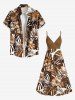 Tenue de plage hawaïenne assortie grande taille à imprimé feuilles tropicales et fleurs d'hibiscus pour couples - café 