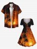 Robe trapèze cintrée grande taille à imprimé cocotiers, crépuscule et coucher de soleil, style hawaïen - Orange M