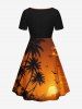 Robe trapèze cintrée grande taille à imprimé cocotiers, crépuscule et coucher de soleil, style hawaïen - Orange M