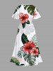 Robe mi-longue hawaïenne à imprimé feuilles tropicales et fleurs d'hibiscus, grande taille, coupe trapèze fendue avec poches - Blanc XS